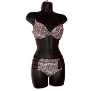 Youmita Snake Print Caged Plunge 34BUnderwireBraw/Small Coordinating Hipster NWT